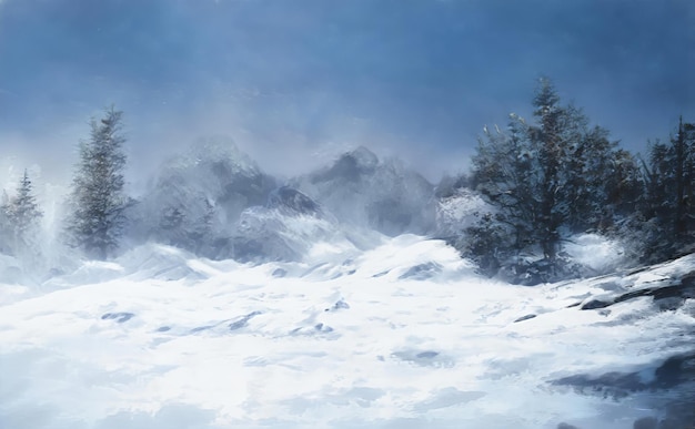 Natale fantastico paesaggio invernale epico di montagne Foresta medievale celtica