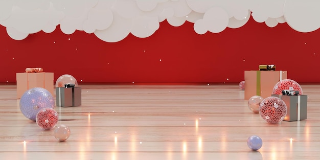 Natale felice anno nuovo sfondo Confezione regalo e plexiglass su pavimento in legno Illustrazione 3D