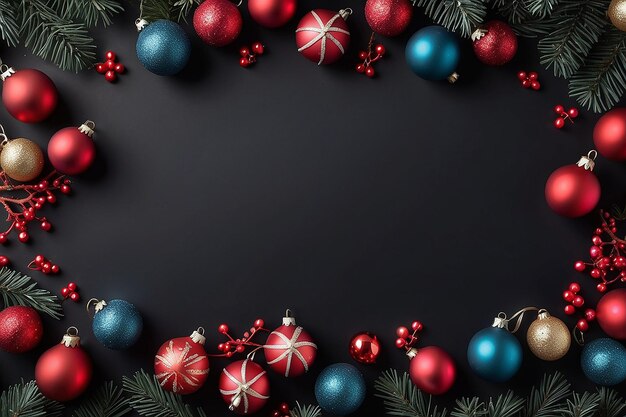 Natale Flat Lay Background Baubles e decorazione su sfondo nero scuro Disegno minimalista Copia spazio orizzontale