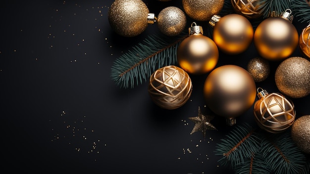 Natale Flat Lay Background Baubles e decorazioni su sfondo nero scuro design minimalista Copia spazio orizzontale