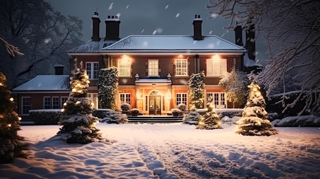 Natale in campagna, maniero, casa di campagna inglese decorata per le vacanze in una sera d'inverno innevata con neve e luci natalizie Design di Buon Natale e Buone Feste
