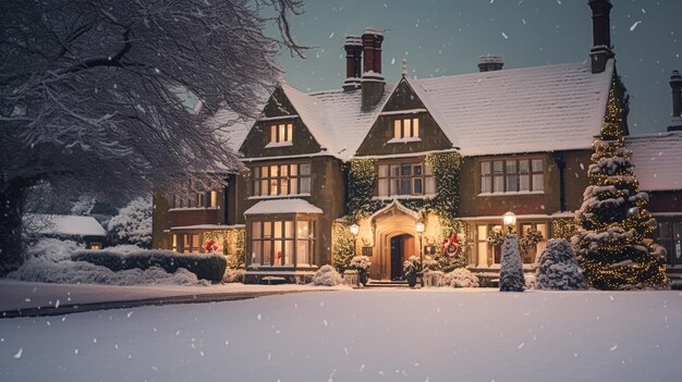 Natale in campagna padrone casa di campagna inglese padrone decorato per le vacanze in una serata invernale innevata con neve e luci festive Buon Natale e Buone Feste