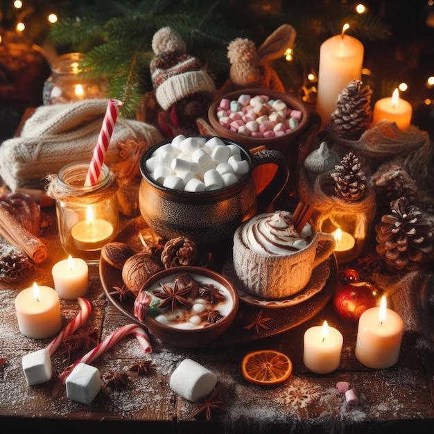 Natale natura morta con candele caffè e decorazione