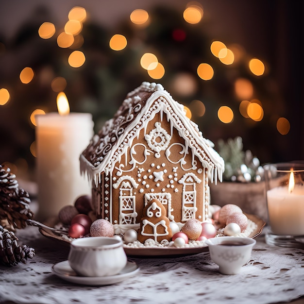 Natale natura morta con casa di pan di zenzero