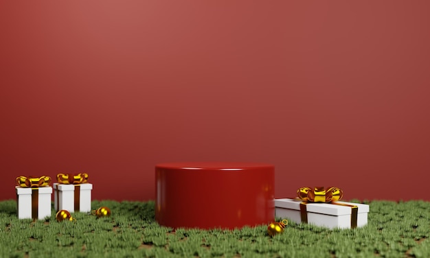 Natale rosso del podio 3d con il contenitore di regalo e la decorazione di natale sulla rappresentazione 3d