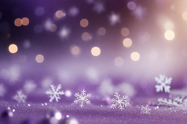 Natale sfocato sullo sfondo di complessi sfocati grossi e piccoli fiocchi di neve che cadono in colori viola