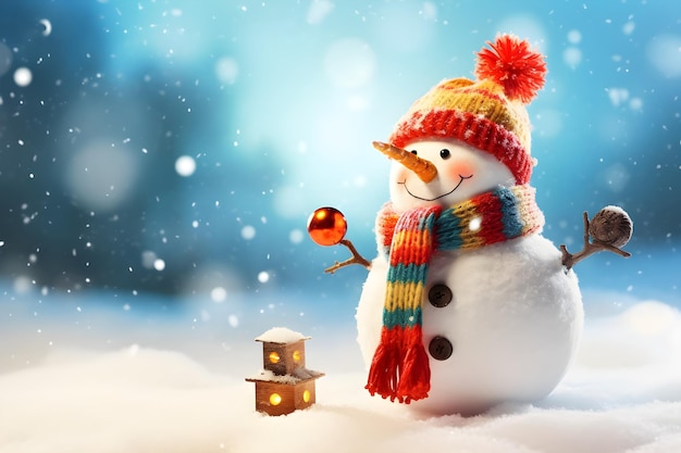 Natale sfondo bokeh blu con pupazzo di neve bianco weraed in un caldo cappello e sciarpa