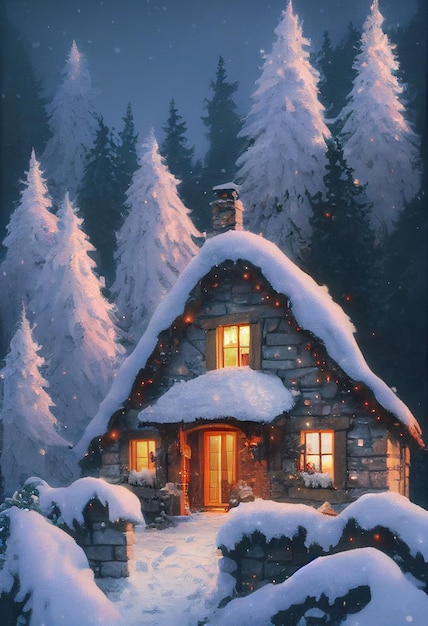 Natale un piccolo cottage in cima all'illustrazione 3D