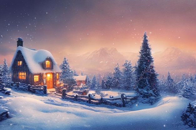 Natale un piccolo cottage in cima all'illustrazione 3D