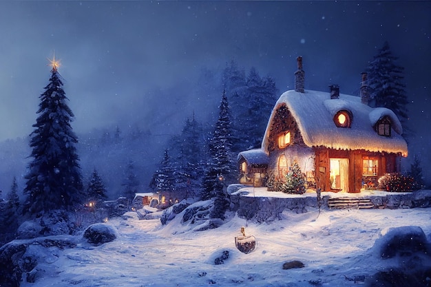 Natale un piccolo cottage in cima all'illustrazione 3D