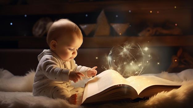 Nativi digitali un bambino che legge e gioca con un libro gen alpha kids, l'immaginazione dei futuri bambini