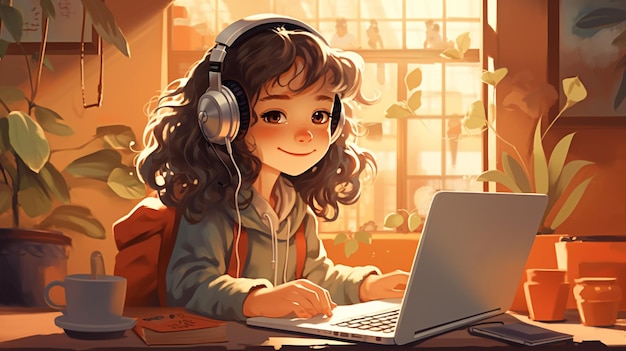 Nativi digitali, una ragazza che usa un computer portatile con le cuffie genalpha kids, illustrazione dei futuri bambini