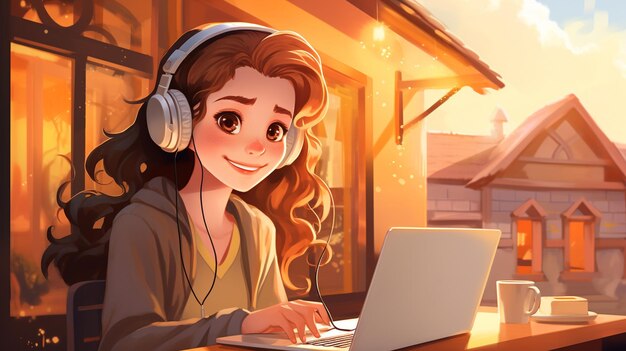 Nativi digitali, una ragazza che usa un computer portatile con le cuffie genalpha kids, illustrazione dei futuri bambini