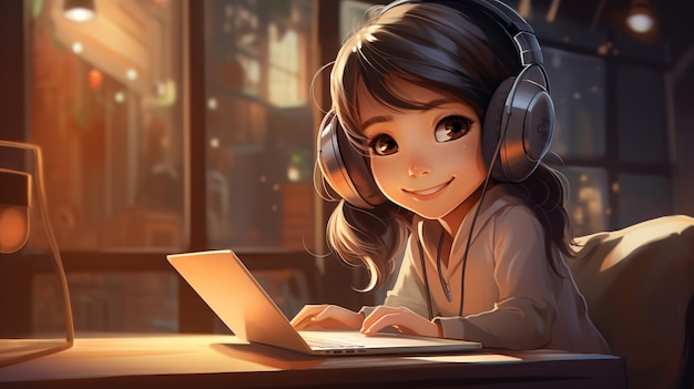 Nativi digitali, una ragazza che usa un computer portatile con le cuffie genalpha kids, illustrazione dei futuri bambini