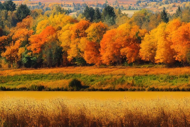 Natura autunnale con campi di alberi con erba arancione e fiori