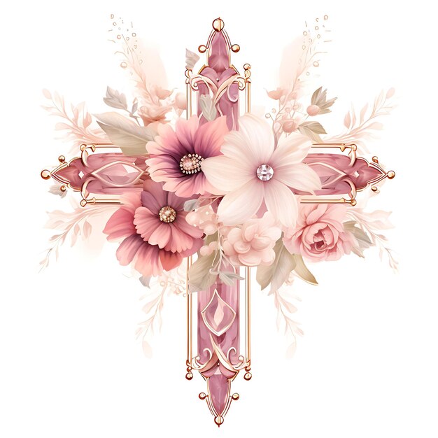 Natura Divina Sacra Croce Quarzo Rosa Materiale Con Cristallo Una Felice Domenica Delle Palme Cornice Acquerello Arte