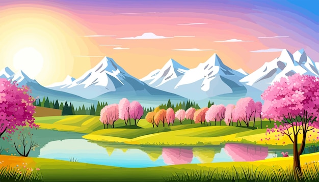 Natura e paesaggio Illustrazione vettoriale di alberi foreste montagne fiori piante campo Immagine per cartolina di sfondo o copertina della stagione primaverile