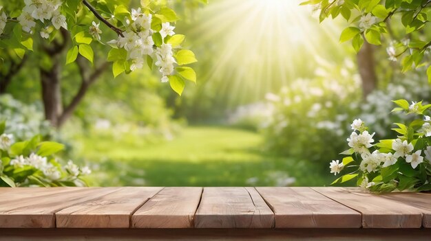 natura eleganza tavolo di legno in mezzo a fiori bianchi in fiore e luce solare