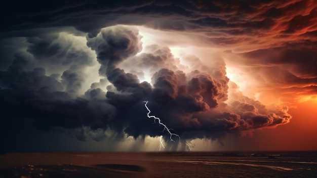 Natura elettrizzante Testimone del potere dei fulmini che colpiscono le nuvole sopra un sereno paesaggio marino IA generativa Accattivante ed emozionante