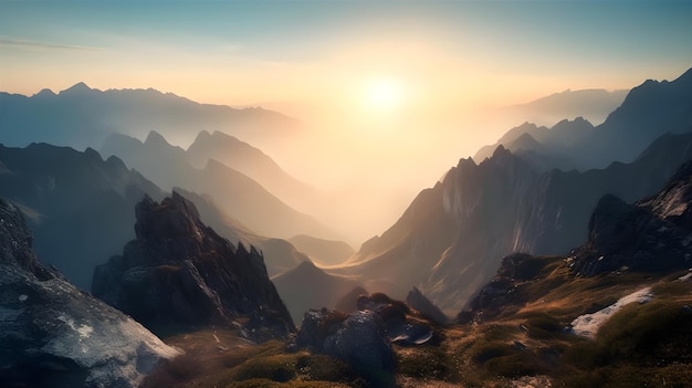 Natura incontaminata foresta nebbiosa valle tranquilla un'alba accattivante sulla maestosa catena montuosa nella bellezza della natura