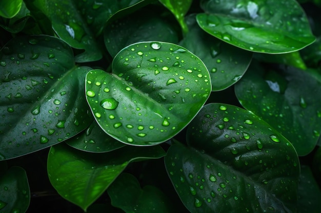 Natura maestosa foglie verdi sfondo con gocce d'acqua