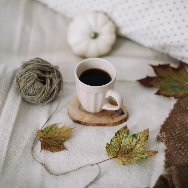 Natura morta autunnale con una tazza di caffè fiori e zucche su un accogliente plaid