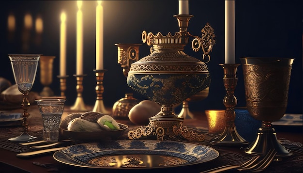 Natura morta con candeliere antico sul tavolo rendering 3D