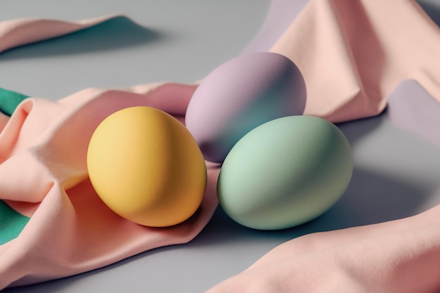 Natura morta con colorate uova di Pasqua pastello sullo sfondo del tessuto Moody immagine atmosferica IA generativa