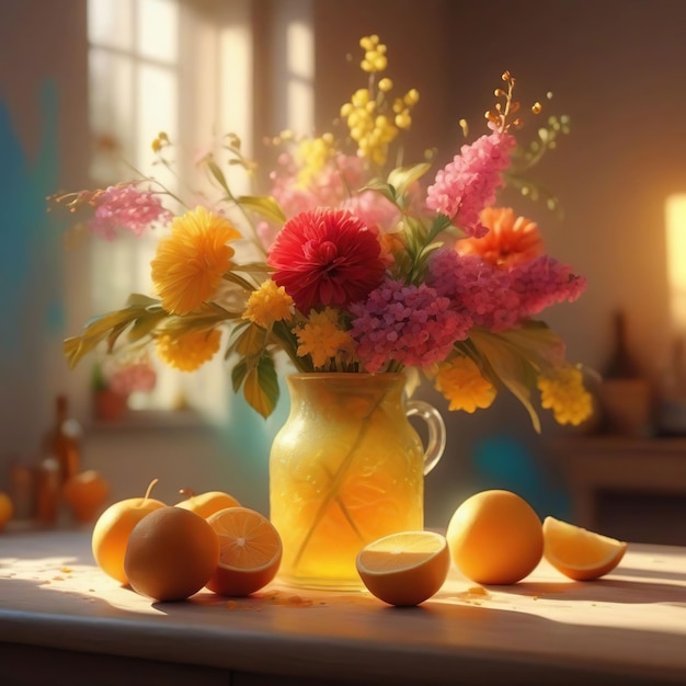 Natura morta con fiori e frutta in un vaso