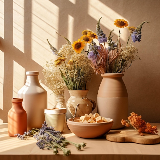 Natura morta con fiori secchi in vaso di ceramica su tavolo di legno