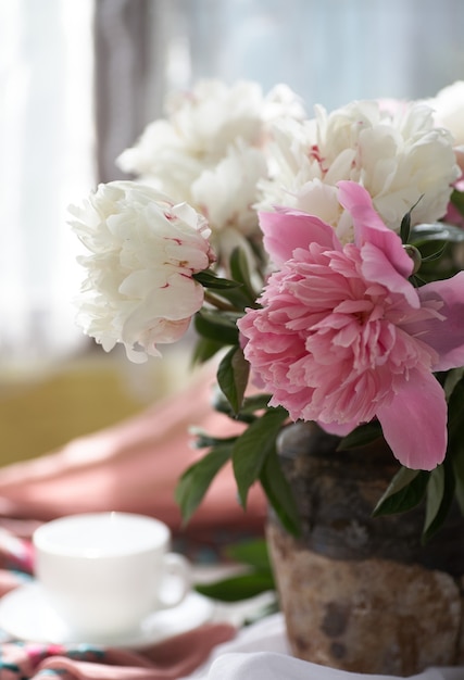 Natura morta con peonie bianche e rosa