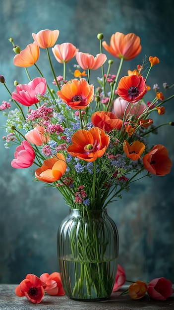 Natura morta con un mazzo di fiori in un vaso