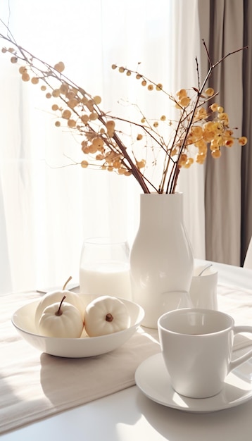 Natura morta con vaso in ceramica bianca, piatto a tazza, zucche e rami decorativi