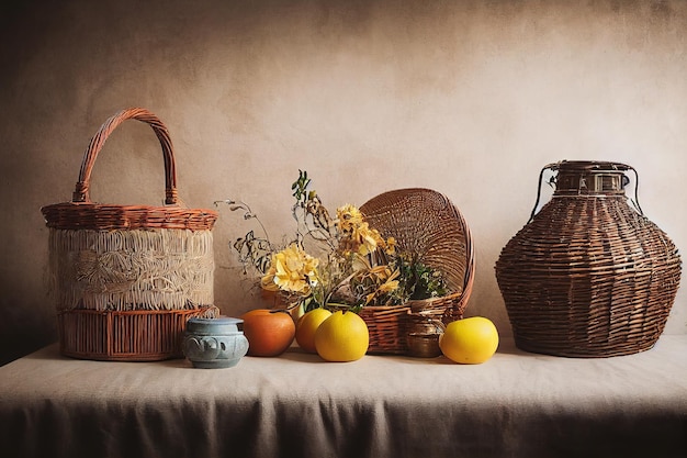 Natura morta country con lanterna e cesto in vimini decorazioni in stile boho chic