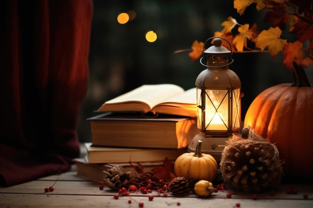 Natura morta d'atmosfera autunnale Una pila di libri, zucche, una vecchia lanterna con foglie e sorbo