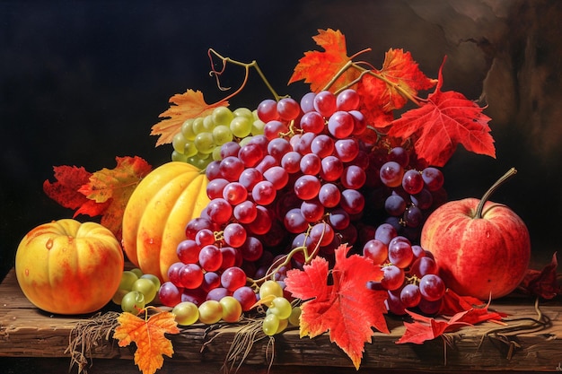 Natura morta d'autunno con foglie d'uva e zucche