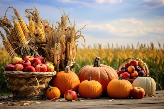 Natura morta d'autunno con zucche mele e mais sul campo Cesto di zucche mele e mais sul tavolo del raccolto Con alberi del campo e cielo sfondo AI generato