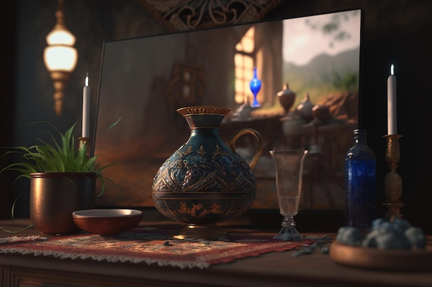 Natura morta d'epoca islamica con un vaso e candele sul tavolo
