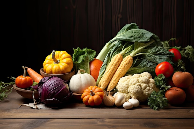 Natura morta del Ringraziamento Verdure frutta d'autunno mele su un tavolo di legno Autunno decorazione di Halloween Closeup