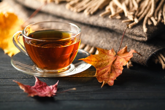 Natura morta di autunno con la tazza di tè, il plaid e le foglie su superficie di legno