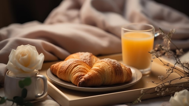 Natura morta di croissant su un vassoio con succo d'arancia e una rosa