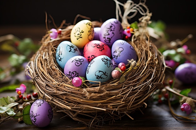Natura morta di Pasqua con uova di Pasqua decorate e nido decorativo su una superficie in legno