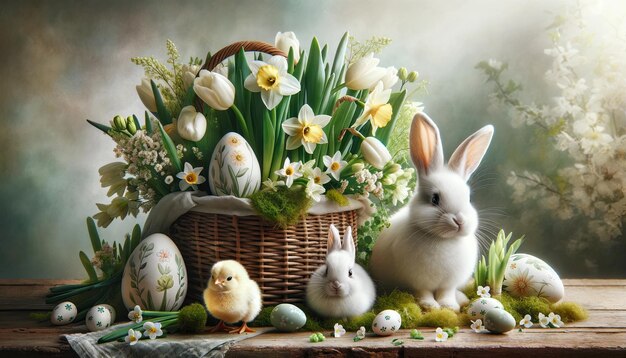 Natura morta di Pasqua con uova di Pasqua e narcisi in un cesto di vimini