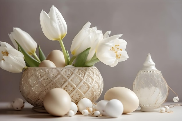 Natura morta di Pasqua con uova tulipani di primavera fiori in un vaso su sfondo chiaro concetto di vacanza di Pasqua tradizionale elegante decorazione primaverile copia spazio AI generato