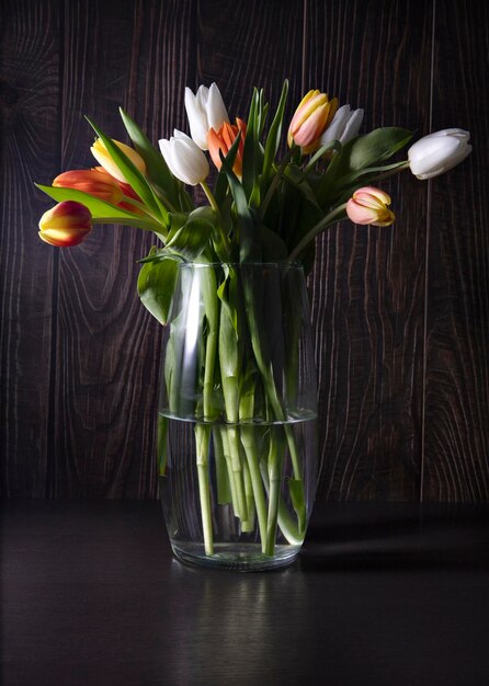 natura morta di tulipani colorati in un vaso su sfondo scuro
