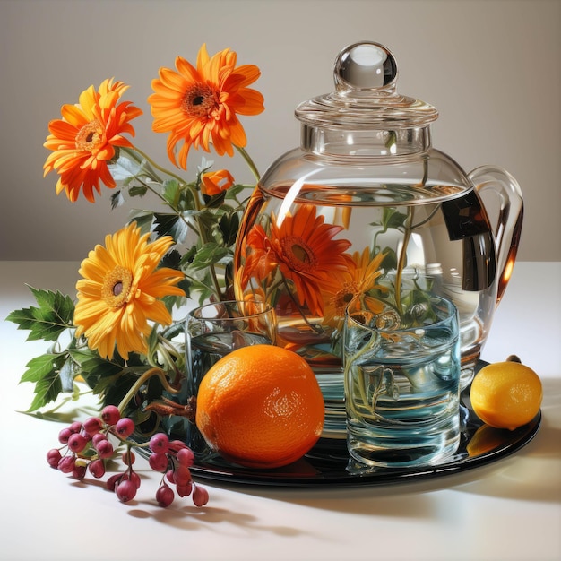 Natura morta di un decanter con acqua e fiori