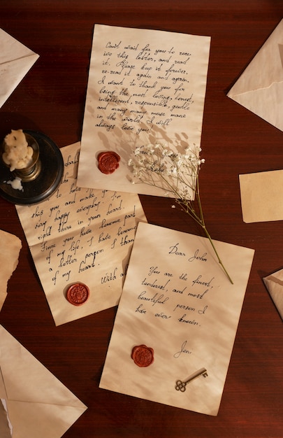 Natura morta di vecchia scrittura di una lettera d'amore