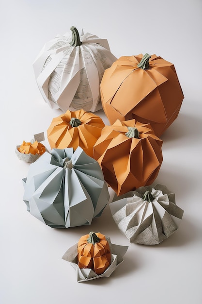 Natura morta di zucche voluminose arrotolate in origami di carta