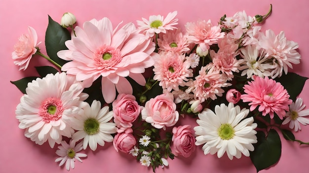 Natura morta Fotografia di una bella disposizione di fiori e foglie primaverili su uno sfondo bianco pulito