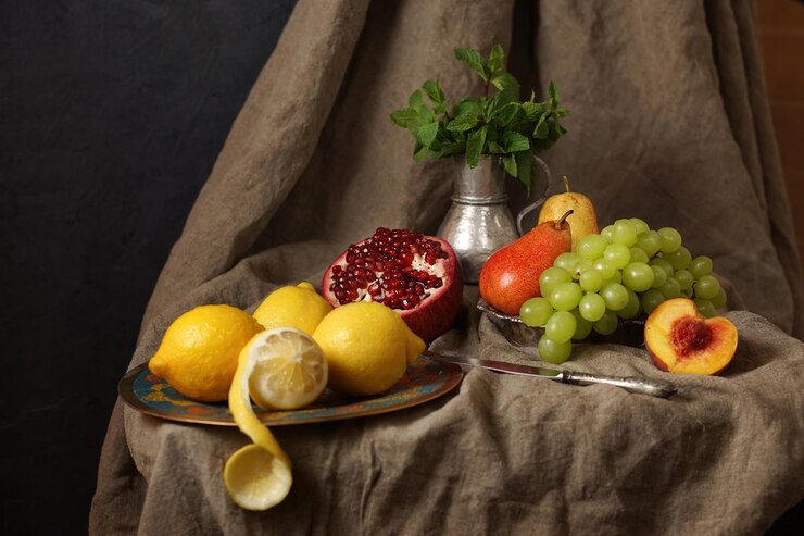 Natura morta in Studio melograno uva limone